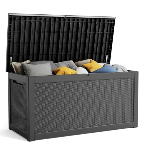 PatioZen 260 Gallon Resin Deck Box, Lockable Patio Outdoor Storage Box for Furniture, Garden Tools and Tools Storage, Waterproof Outside Storage Boxes - Black - color: Black, size: 260 Gallon