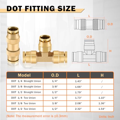 CheeMuii 35 PCS Brass DOT Air Line Fittings Kit 1/4 3/8 1/2 DOT Quick Connect Air Fittings Straight & Tee Union Push to Connect Air Hose Fittings for Semi Truck Trailers Air Brake System - size: 35PCS