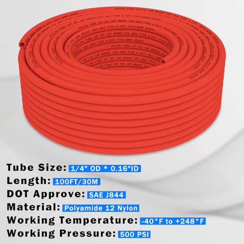 CheeMuii 100 FT 1/4" DOT Air Line Red 1/4 PA12 Nylon Pneumatic Tubing 30.5 Meter 1/4 Inch OD Pneumatic Air Tubing Pipe Hose Line for Semi Truck Trailer or Industrial Air System - color: Red, size: 1/4"OD-100FT