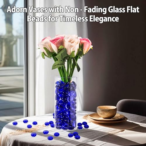 Blue Glass Marbles, 0.97 LB Transparent and Smooth Flat Glass Beads for Vases, Mosaic Gem Pebbles for Aquarium Decor, Floral Arrangements, Mancala Stones, Vase Filler and Crafts (Approx. 80-100 PCS) - color: Blue