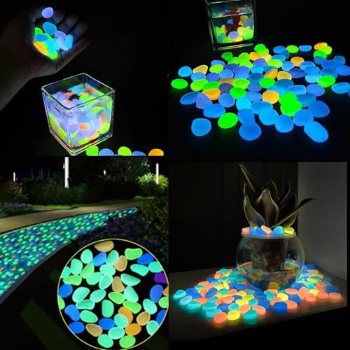 200PCS Glow Pebbles, Decorative Stones for Aquarium Garden and Planters, Luminous Pebbles for Fish Tank Landscaping Pathway Yard Decor, Mix
