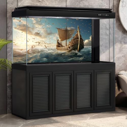 Sailing Ship Aquarium Background Splendid Surfy Ocean Flying Seagulls Fish Tank Background Majestic Golden Pirate Ship Terrarium Backgrounds Deep Seascape Blue Sky Reptile Tank Backgrounds 24x12in - color: Dark Blue, size: 24(W)x12(H)in