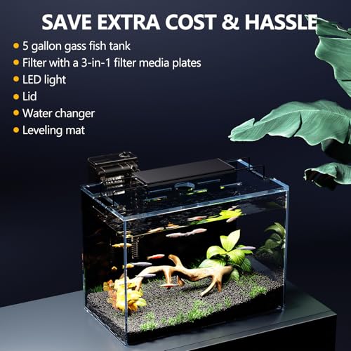 5 Gallon Fish Tank Aquarium Kit with HOB Filter, LED Light with Timer, Lid, Siphon Vacuum Cleaner, Self Cleaning Glass Rimless Betta Tank - size: 5 Gallon