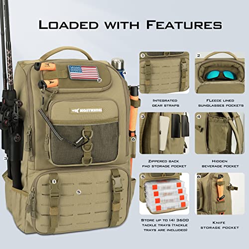 KastKing KarryAll Fishing Tackle Backpack with Rod Holder 4 Tackle Boxes,40/26L Tackle Bag Storage Fishing Gear and Equipment - color: B: Large (40 L) - Khaki