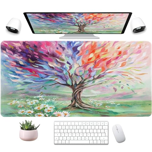 Desk Pad Oil Painting Tree, Desk Matt for Desktop, Seasons Tree of Life Gaming Mouse pad Extend XXL Large Anti-Slip Stitched Edges Waterproof Computer Laptop Keyboard Mat for Game, Home, Work, Office - color: Oil Painting Tree, size: 31.5" x 15.7"