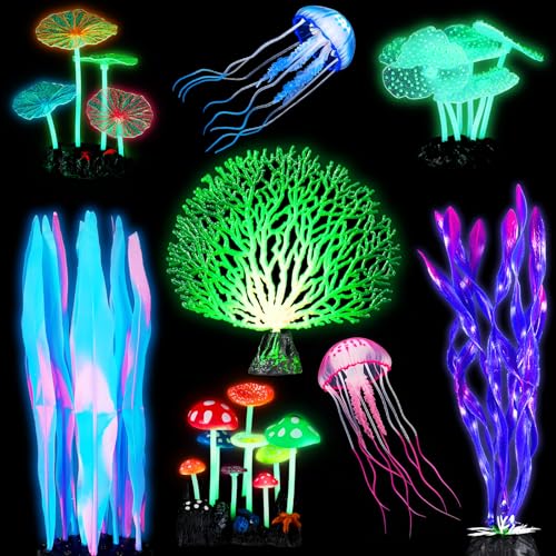 Frienda 8 Pieces Glowing Effect Fish Tank Decorations Artificial Plants with 2 Style Glowing Kelp, Sea Anemone, Simulation Coral, Jellyfish, Lotus Leaf, Mushroom for Aquarium Ornament(Blue, Pink) - color: Blue, Pink