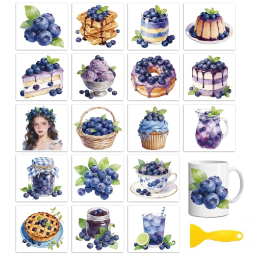 Peacoblue 18 Sheets Rub on Transfers for Crafts, Blueberry Bread Series 3.6"x3.9" UV DTF Cup Wraps Waterproof Cold Transfers Stickers for Wood Glass Metal Cup Tumblers Mirrors Mugs Home Decor - style: Blueberry Bread Series