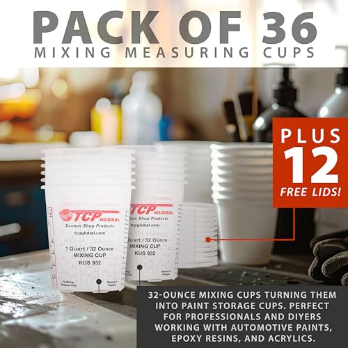 Custom Shop Paint Mixing Cups, 32-Ounce (36 Pack) - Plastic Measuring Cups for Liquids, Automotive Painting, Epoxy Resin, Acrylic Arts, Crafts, Disposable or Reusable, Graduated, Mixing Ratios - style: 36 Cups + 12 Lids