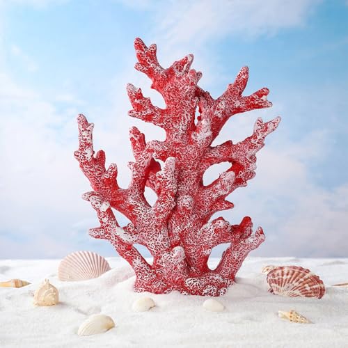 Artificial Coastal Dorm Fish Aquarium Coral Ornament Decor Realistic Aquatic Plant Marine Themed Gifts for Beach Coastal, Living Room, Bathroom- Red - color: Red