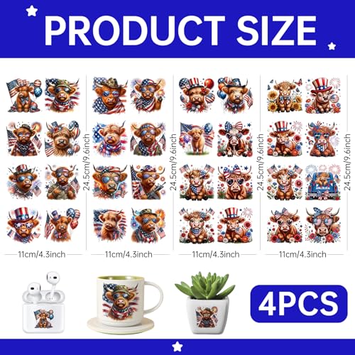 4 PCS Patriotic Highland Cows UV DTF Cup Wrap High Viscosity Stickers for Glass Mugs Notebooks Laptops - style: Patriotic Highland Cows