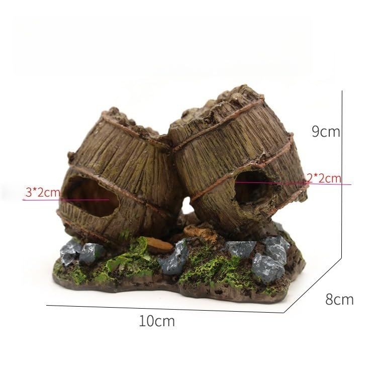 Resin Broken Barrel Aquarium Decoration, Fish Tank Ornament with Moss and Rocks, 10x8x9cm