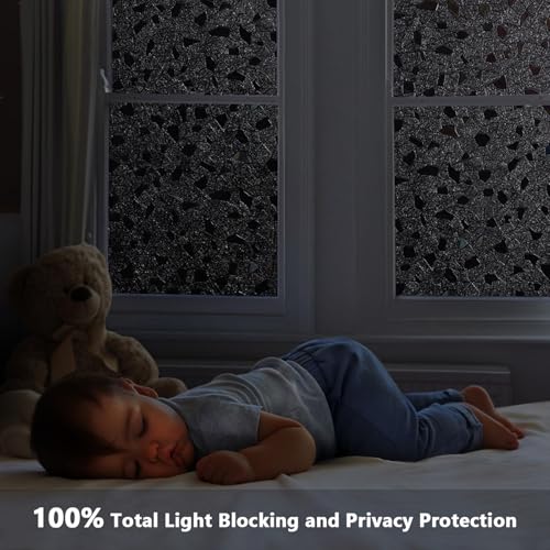 LEMON CLOUD Total Blackout Window Privacy Film,Decorative Window Film, Darkening Frosted Glass Covering 100% Opaque Removable Static Cling for High Privacy, Black Rubble Design(17.5 x 78.7 Inch) - color: Black-rubble Pattern, size: 17.5 x 78.7 Inch
