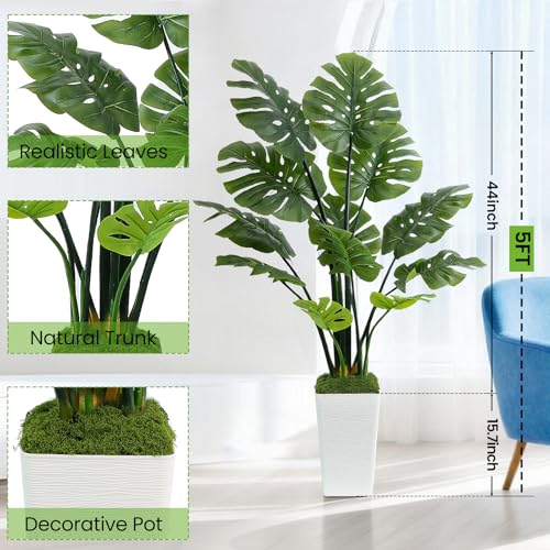 UPBUD Artificial Monstera Deliciosa Plant, 5FT Fake Tropical Monstera Tree with White Pot & 12 Lifelike Leaves, 60in Tall Faux Floor Trees Fake Plants for Indoor Outdoor Office Living Room Decor - color: Green Leaves White Planter