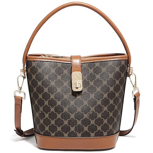 FOXLOVER Coated Canvas Bucket Crossbody Bags for Women Top-Handle Handbags Small Satchel Purse Trendy Twist Lock - color: Coffee a
