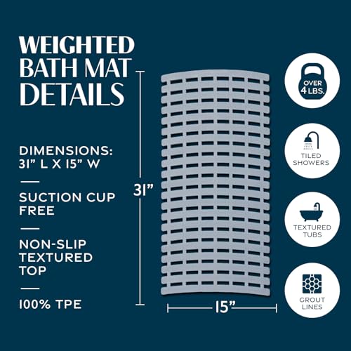 SlipX Solutions Weighted Non Slip Bath Mat for Textured Tub & Shower Surfaces, Patent Pending, Anti Slip Bathtub Safety Without Suction Cups, Doesn’t Float, Works on Tile & Stone 31” x 15”, Gray - color: Gray