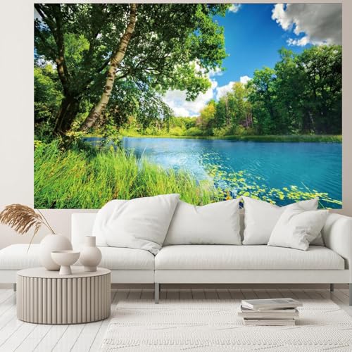 Polyester 6x4ft Park Scenery Backdrop River Blue Water and Tree Forest Garden Blue Sky Outdoor Picnic Spring Background Camping Hiking Photo Background Countryside Field Backdrop - size: 6x4ft