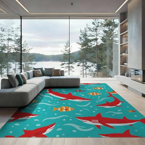 6'x9' Washable Contemporary Fish Area Rug, Orange Non-Shedding Pet Friendly Room Rug Foldable Easy Care Carpet for Queen Size Bedroom, Under Bed, Master Suite | Ref:2070035 - color: Blue/Pattern 12, size: 6' x 9' (Rectangular)