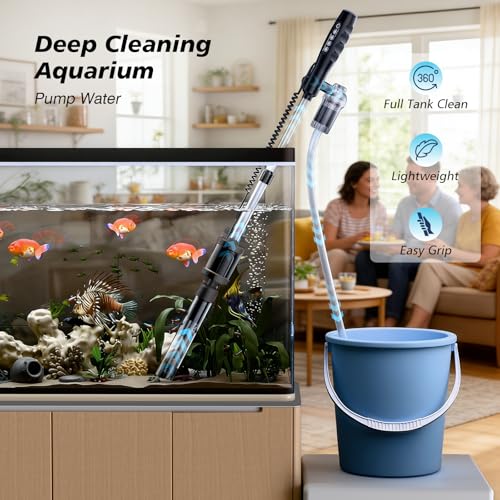 AKKEE Aquarium Vacuum Gravel Cleaner Handle Control, 8 in 1 Multifunctional 36W Electric Fish Tank Cleaner Vacuum for Automatic Water Change, Wash Sand, Water Circulation and Timed Off, Black