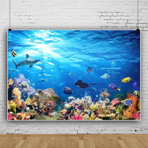 Under The Sea Backdrop 10x8ft Ocean Party Decorations Under The Sea Baby Shower Background Sea Aquarium Birthday Party Studio Props - color: Aqua Blue, size: 10x8ft (300x240cm)