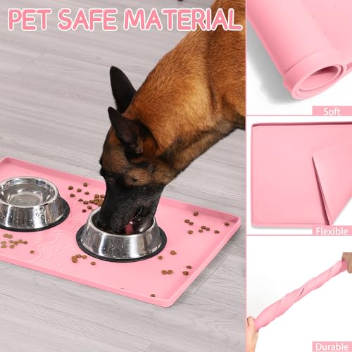 MateeyLife Silicone Cat & Dog Food Mat for Floors Waterproof, Anti-Slip Dog Bowl Mats for Food and Water, Pet Feeding Mats with Lip to Prevent Spills, Pet Placemat for Messy Drinkers to Protect Floors - color: Pink, size: 24''×16''