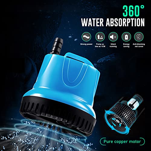264 GPH Bottom Feed Submersible Water Pump - Energy Efficient Low-Suction Aquarium, Pond, Fountain, Hydroponics Pump, 25W - size: 264 GPH