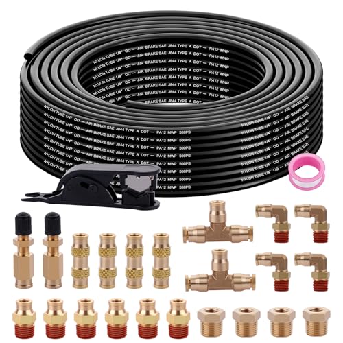 100FT 1/4 Air Hose Brass Fittings Kit 22pcs 1/4" OD Quick Push to Connect DOT Brass Fittings 1/4 SAE J844 PA12 Nylon Air Line Tubing with Cutter for Air Suspension Kit Trailer Brake System - size: 1/4“OD 100FT KIT