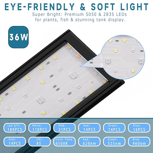 24/7 Mode LED Aquarium Light for 45-54 Inch Plant & Fish Tank, IP68 Full Spectrum Light, Sunrise-Daylight-Moonlight, White Red Green Blue Pink LEDs with Extendable Brackets for Freshwater - size: For 45-54 inch Tank