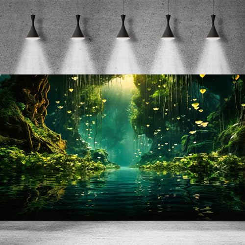 Jungles Aquarium Background Dense Rainforest Tranquil Lake Terrarium Background Foggy Sunbeams Forest Jungle Style Theme Fish Tank Backdrop Wallpaper Tank Poster Decorations Vinyl 24x12in - color: Green, size: 24(W)x12(H)in