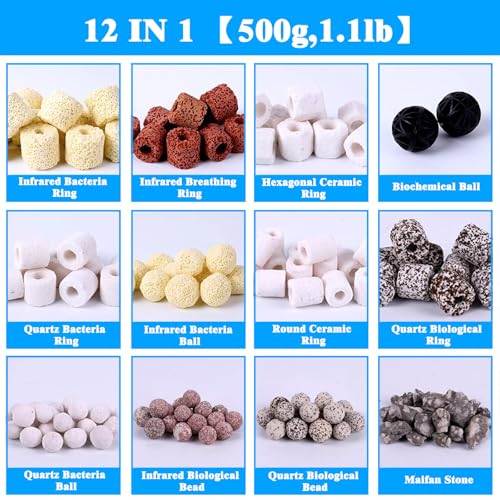 Aquarium Filter Media, 12 in 1 Bio Balls Ceramic Rings Set with Zippered Mesh Bag, Durable Freshwater Marine Biological Filter Media for Fish Tank, Pond, Canister (1.1lb, 500g)