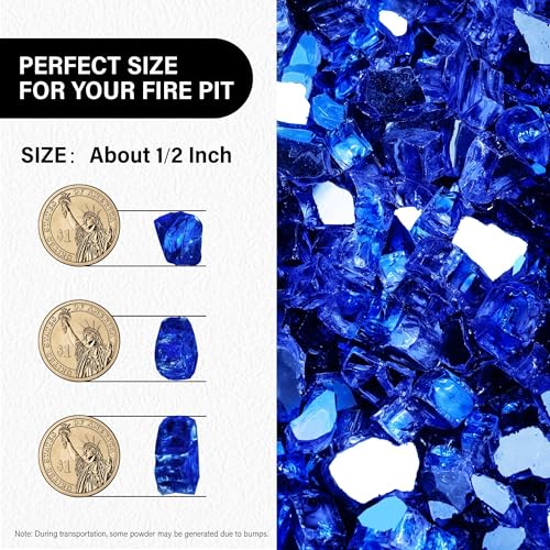 NUPICK 10 lb Reflective Fire Glass, 1/2 Inch, Fit for Fire Pit & Fireplace, Blue - color: Blue, size: 10 Pound (1/2")