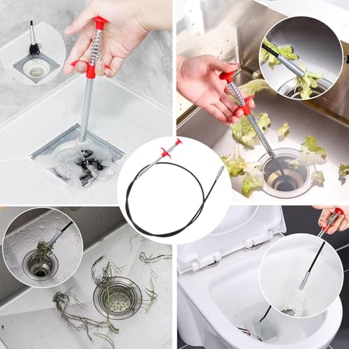 Drain Snake Clog Remover Tool, 3 Plastic (20 Inches) and 1 Stainless Drain Snakes (33 Inches) Included, Effectively Clean Hair and Other Clog for Toilet, Kitchen Sink, Bathroom Tub - style: 33 IN