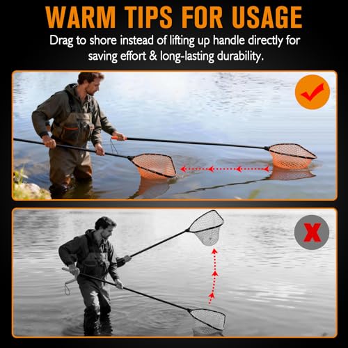 Rubber Fishing Landing Nets Telescopic Handle Nets Folding Nets with Collapsible Handle for Catch & Release Fishing Gift 17.6" dia-13.7" Depth Black/Orange