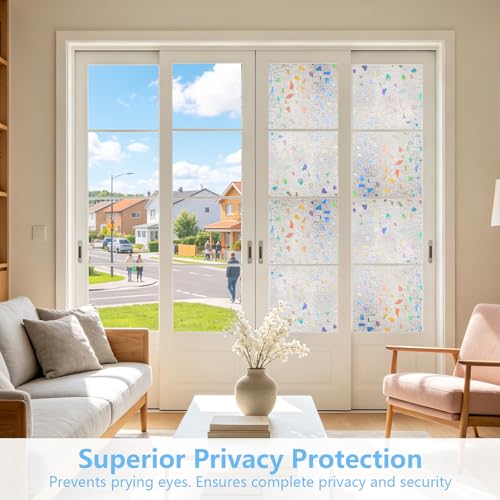 LEMON CLOUD Frosted Window Privacy Film,Stained Glass Static Cling,Decorative Rainbow Window Cling, Heat Control UV Blocking Removable Window Tint for Home Kitchen Bedroom Non-Adhesive,23.6" x 78.7" - color: Clear-rubble Pattern, size: 23.6 x 78.7 Inch
