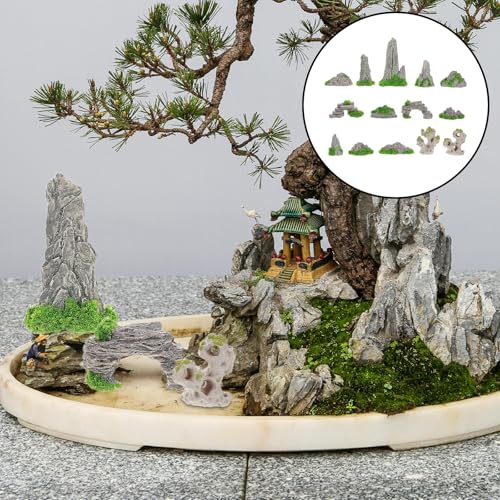 Veemoon 14 Pcs Miniature Rockery Ornaments, 1.69 Inch Grey Resin Stone, Fish Tank Aquarium Fairy Garden Bonsai Terrarium Landscape Decor
