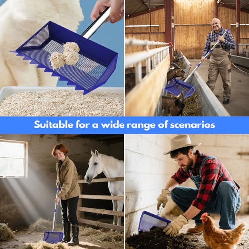 Chicken Poop Scooper Rake 2-in-1,304 Stainless Steel Shovel Head, Chicken Litter Scoop with Handle for Chicken Coop for Sand, Pet Waste Cleaning, Litter Sifting Shovel (35 to 65") (Blue, 10inch) - color: Blue, size: 10inch