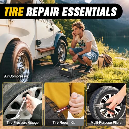 Nilight Car Emergency Kit with Jumper Cable, First Aid Kit Safety Assistance Tools for Travel Camping Outdoor Cars Truck SUV RV, Roadside Essentials with Flash Light - color: Essential Kit+Digi Air Compressor+Tire Fuse kit