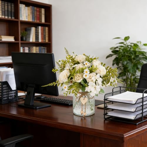 Kimura's Cabin Artificial Flowers with Vase Silk Peonies in Vase Fake Flowers with Vase Faux Flower for Office Home Table Centerpiece Bathroom Arrangement Decorations(White)