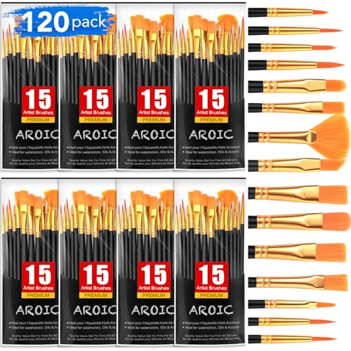 AROIC Acrylic Paint Brush Set,8pack/120pcs Nylon Hair Acrylic Paint Brushes,Oil Watercolor Rock Face Paint Brushes, Artist Craft Paint Brush Supplies, for All Purposes Kids Adult Painting. - color: Black, size: 120pcs
