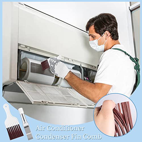 Pimoys 3 in 1 Set Air Conditioner Condenser Fin Comb, 1 Coil Cleaner Stainless Steel Fin Comb with 2 Evaporator Radiator Cleaning Whisk Brush