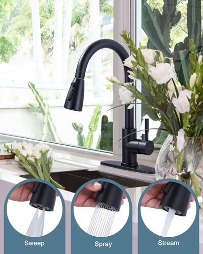 WOWOW Black Kitchen Faucet with Sprayer, Pull Down Kitchen Sink Faucet Lead-Free, Stainless Steel Single Handle Kitchen Faucets with Deck Plate, 360 Swivel High Arc Single Hole RV Kitchen Faucet - color: B: Black, style: Kitchen Faucet