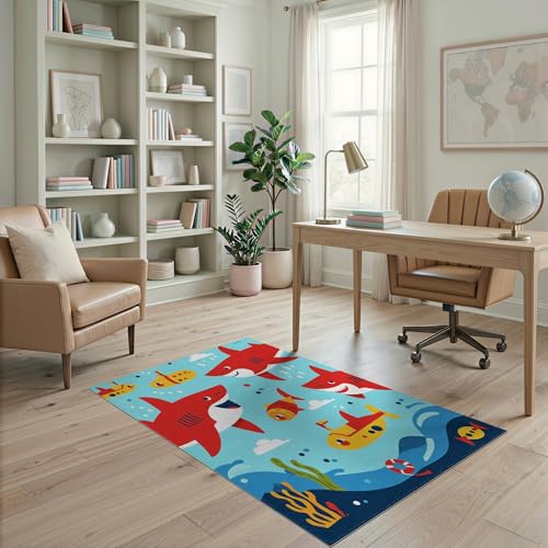 4'x6' Washable Flatwoven Rug, Red Kawaii Wave Easy Care Throw Carpet Stain Resistant Low Profile Floor Covering for Dorm Room, Small Living Room, Apartment | Ref:2070041 - color: Blue/Pattern 18, size: 4' x 6' (Rectangular)