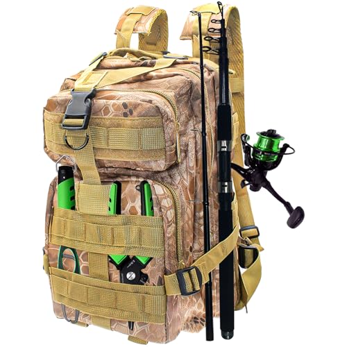 Lightweight Fishing Tackle Backpack Professional Water-Resistant All-in-One Rod Holder & Gear Storage - color: Python Pattern Mud Color