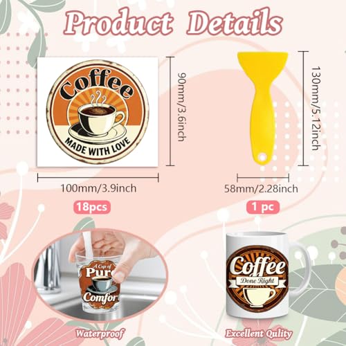 Peacoblue 18 Sheets Rub on Transfers for Crafts, Retro Coffee Labels 3.6"x3.9" UV DTF Cup Wraps Waterproof Cold Transfers Stickers for Wood Glass Metal Cup Tumblers Mirrors Mugs Home Decor - style: Retro Coffee Labels