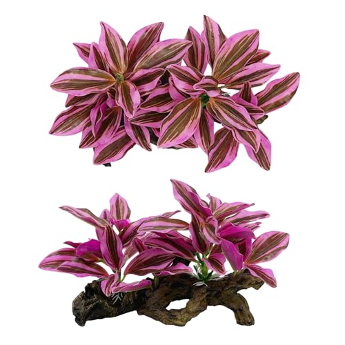 Fish Tank Decorations Aquarium Decor Ornaments Betta Pink Leaf pad Hammock Artificial Driftwood Goldfish Bowl Accessories (Hot Pink Set)