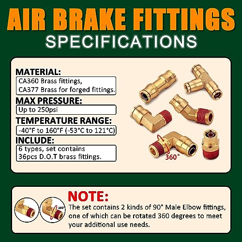 37Pcs Brass DOT Air Brake Line Fittings Assortment Kit 1/4" 3/8" 1/2" Push to Connect Fittings Air System Repair Kit for Truck, Air Brake Union 45 Degree & 90 Degree Male Elbow - color: 37pcs BRASS DOT AIR BRAKE FITTINGS