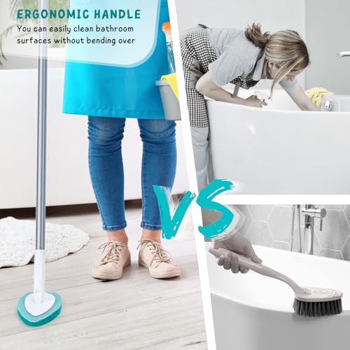 Shower Scrubber with Long Handle, 47'' Bathtub Scrub Brush, Bathroom Tub and Tile Cleaning Tool with 6 Refill Pads - color: Green, size: Scrubber with Long handle