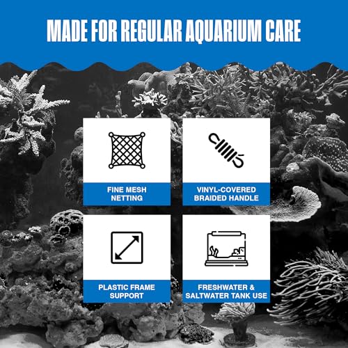 Penn-Plax Quick-Net Aquarium Fish Net - Fine Mesh, Vinyl-Covered Braided Handle - Small Aquarium Cleaning Tool for Gentle Fish Handling - Use in Freshwater & Saltwater Tanks - color: Blue, size: 8" Net - 10" Handle