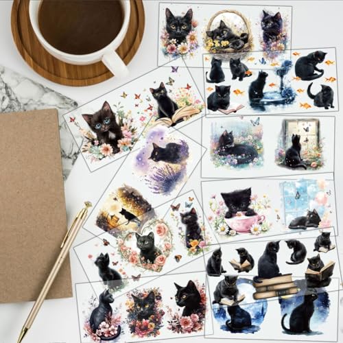 32 Pcs Black Cat UV DTF Cup Wraps for 16OZ Glass, Kitten Theme UV DTF Transfer Stickers Decals Pet Animals Waterproof Rub on Transfer Stickers for Glass Bottle Vase Furniture Crafts - style: Black Cat