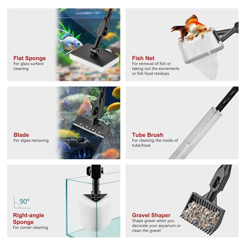 Lpraer Multifunction 7 PCS Aquarium Cleaning Tools Bundle Kit Set Adjustable Fish Tank Cleaner w/Long Telescopic Extended Handle,Fish Net,Algae Scraper, Sponge Pad, Gravel Rake & Cleaning Brush