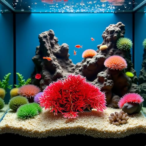 2Pcs Red Artificial Flowers, Fake Flowers, Artificial Pine with Base Grass Fish Tank Ornament Aquatic Plant Landscape Decor, Aquarium Décor